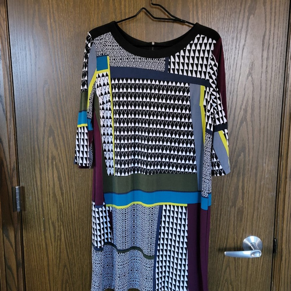 J Taylor Womens Dress Multicolor Geometric Shift Dress 3/4 Sleeve Zipper Size 16